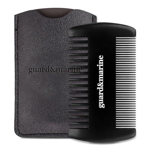 GUARD&MARINE Wooden Beard & Mustache Comb with Fine and Coarse Teeth - Pocket Size - Ideal for Use with Balms and Oils. Stylish and Convenient with a PU Leather Case (black)