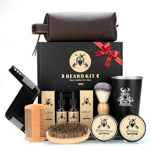 Beard Kit Gifts for Men, Father's Day Birthday Gifts for Men Dad Him, Grooming & Trimming Tool Complete Set, Beard Care Kit with 2 Beard Growth Oil/Balm/Brush/Comb/Shaving Soap/Cup&Storage Bag