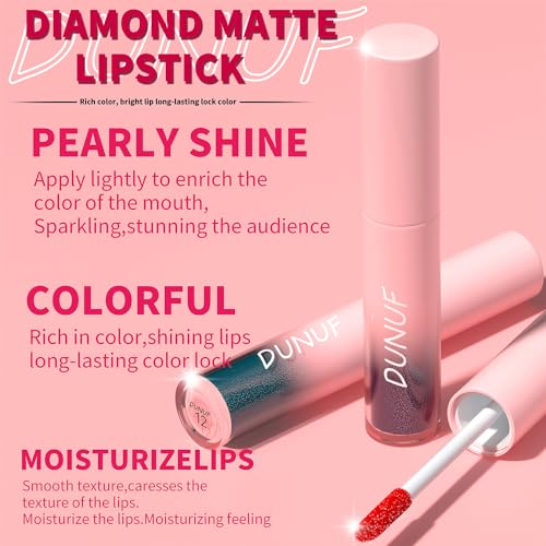Dulele 12 PCS Diamond Glitter Liquid Lipstick Set, Long Lasting & Non-Stick Cup Metallic Shimmer Matte Full Colour Tinted Lipstick Lip Gloss, Highly Pigmented Shinning Lipstick (Red, M)