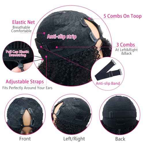 Afro Kinky Curly Human Hair Wigs Upgrade V Part Wigs With Drawstring,200% Density Wear And Go Glueless Wig Human Hair Full Head Clip Ins Half Wig(26 Inch,Natural Color)