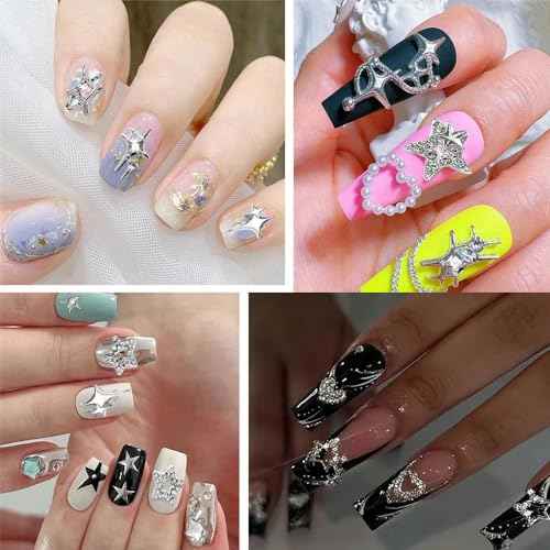 55pcs Y2K Star Nail Charms - 3D Nail Art Charms, Silver Star Rhinestones for Women & Girls (9 Styles)