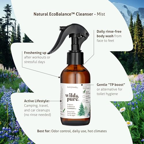 Wild & Pure EWG Verified All-Natural Spray Body Wash (8oz) | pH Balanced, Microbiome-Friendly & Plant-Based | No-Rinse Cleanser, Deodorizer, Moisturizer For Face, Hands, Body | Refillable Skincare