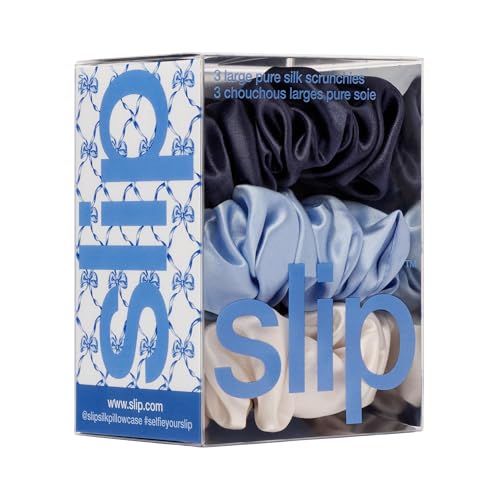slip Large Scrunchies: Elevate Your Hair Game with Anti-Crease, Anti-Breakage Design, Crafted from Slipsilk¢â, Skye: 3 Pure Silk Scrunchies in Cornflower, Vanilla & Indigo