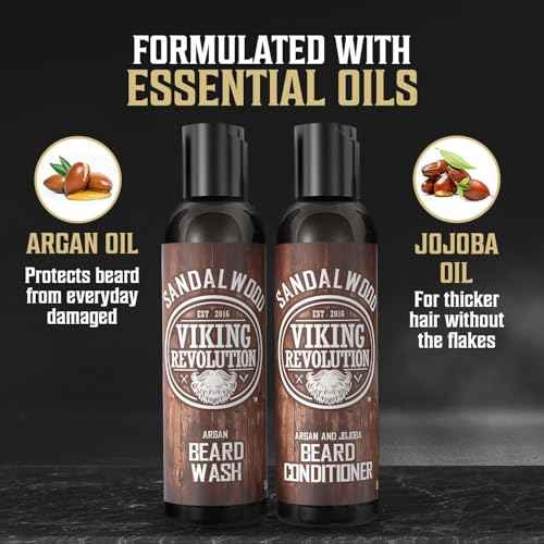 Viking Revolution Ultimate Conditioner for Men's Beard Grooming - Softens, Smoothes and Soothes Beard Itch- Contains Wash, Conditioner, Oil, Balm and Comb- Sandalwood Scent