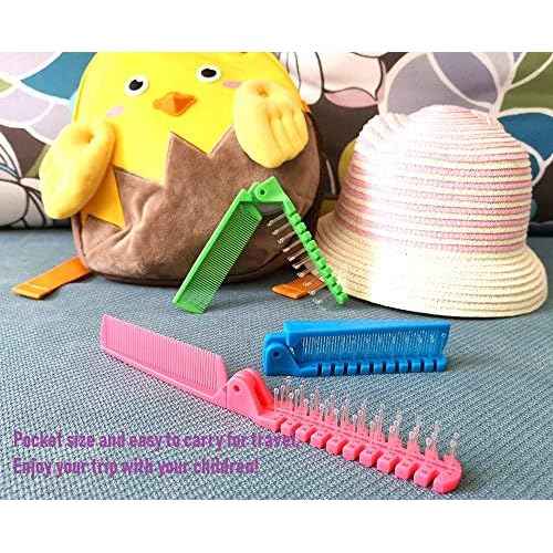 3pcs Hair Brush Set - Folding Travel Brush, Fine Tooth Pocket Comb, Massage Head & Baby Braiding Brush for Kids and Adults in Green/Pink/Blue