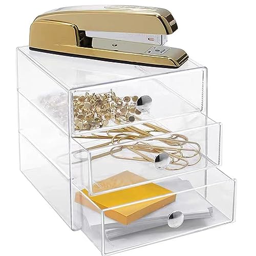 Makeup Drawer Organizer Box with 3 Drawers, Acrylic Cosmetic Display Case Vanity Organizer Jewelry Storage Box Stackable Storage for Cosmetics, Skin Care, Bathroom, Countertop, Silver Handle