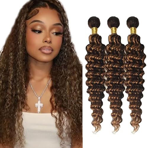 Freiuoke 300g Deep Wave Human Hair Bundles 22-26 Inch P430 Brown D 3 Pack