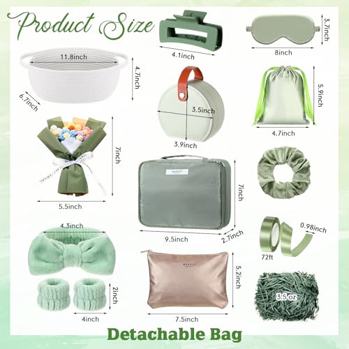 Kacctyen Sage Green Gift Basket for Women Include Woven Basket Makeup Bag Sleep Mask Jewelry Box Hair Bow Crochet Flower and More Self Care Birthday Gift Box for Mom Wife Friends Sister Coworker