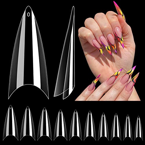 Lionvison 500PCS Clear Stiletto Nail Tips, Medium Wide Acrylic Nail Tips for Dip Powder, Half Cover False Nail Tips, French Tips Nail Extensions for Nail Salon, 10 Sizes Fake Nail Tips