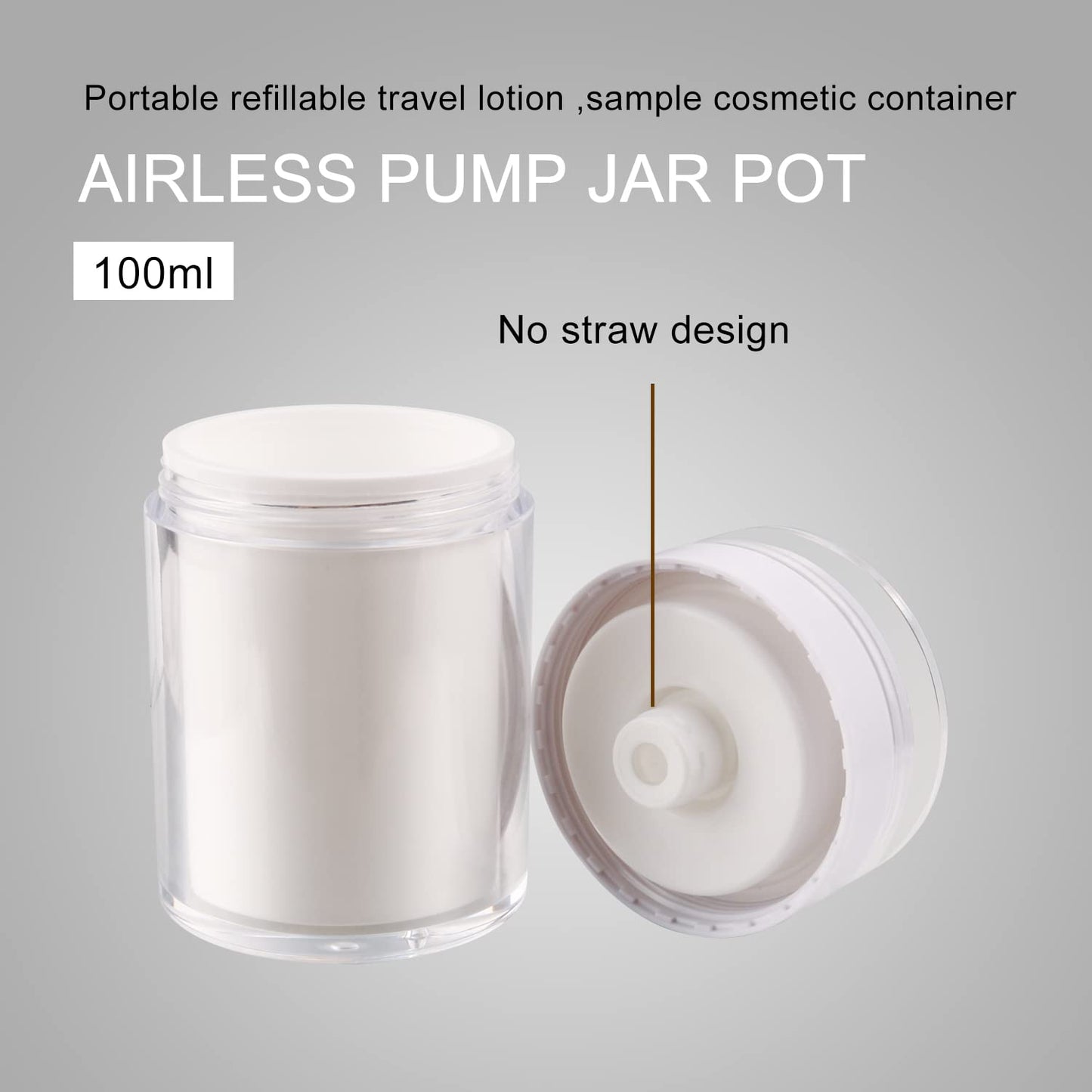 USRommaner 2 Pack 3.34 oz Airless Pump Jar,Empty Acrylic Vacuum Jar with Press Pump,Portable Travel Face Cream Lotion Container Pot for Makeup,Essence,Moisturizer,Eye Cream,Gel-Big,White