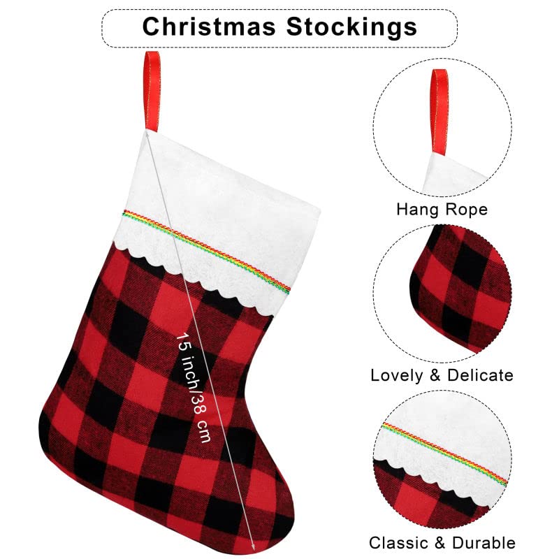 Fovths 16 Pack Christmas Felt Stockings Buffalo Plaid Xmas Stockings 15 Inches Xmas Hanging Stockings Holiday Party Favors Stockings for Christmas Tree Fireplace Decoration (Red and Black)