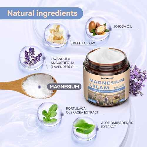 Magnesium Cream for Sleep, Tallow Based Magnesium Lotion for Pain and Leg Cramps, Muscle Relaxation, Nighttime Deep Hydration with Shea Butter Jojoba & Vitamin E for Skin Care, Safe for Kids(Lavender)