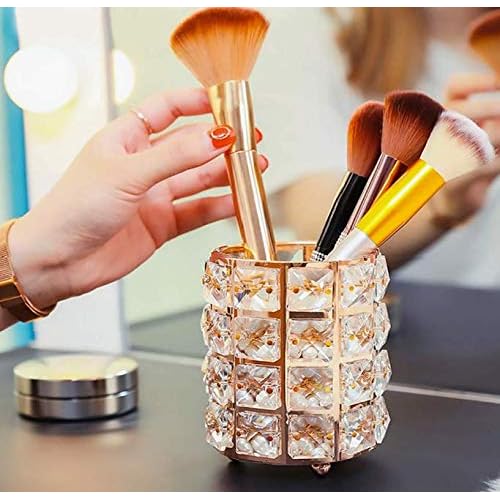 Crystal Makeup Brush Holder Organizer Eyebrow Comb Brushes Pen Pencil Cup Container Cosmetic Storage Organizer,Handcrafted Cosmetics Brushes Cup (Gold)
