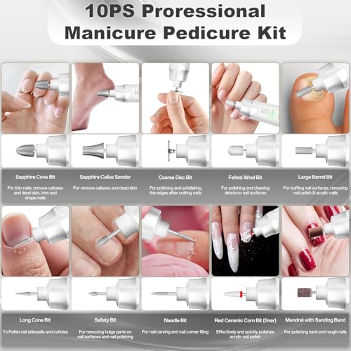 Cordless Electric Nail File Drill with LED Light & 10 Accessories
