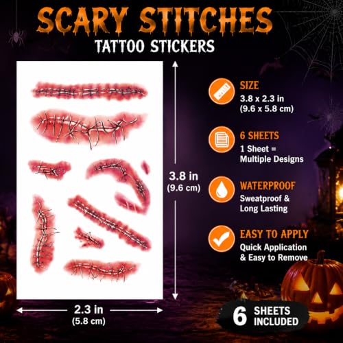 Zombie Scar Tattoos - 6 Pack Realistic Halloween Face Scars