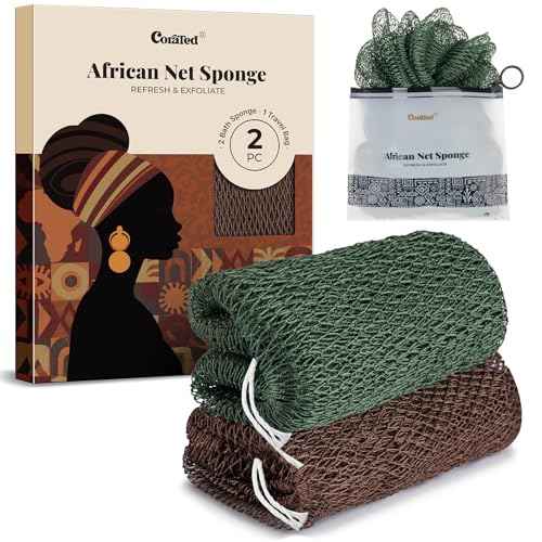 CORATED African Net Sponge Authentic, Shower Loofah Exfoliating Bath Sponge, Body Scrubber for Women and Men Daily Use Body Care, Travel Portable Bath Accessories for Bathroom (Brown & Dark Green)