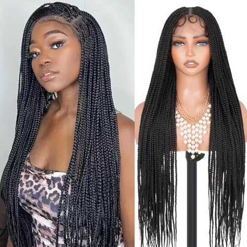 Box Braided Wig Full Double Lace Glueless Braids Wig with Baby Hair Human Hair Blended Synthetic Black Braided Wig for Black Women (1B, 30 Inch)