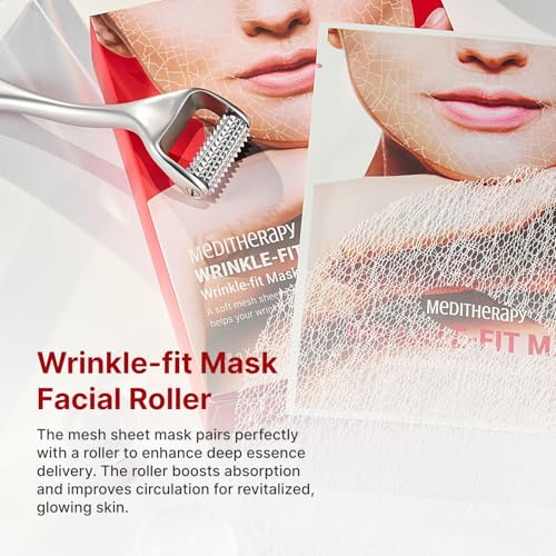 MEDITHERAPY Wrinkle-fit Neck Mask & Wrinkle-fit Face Mask + Facial Roller - Neck Wrinkle Patches, Neck Firming and Tightening Korean Deep Collagen Mask - Mesh Sheet Mask for Lifting Sagging Skin