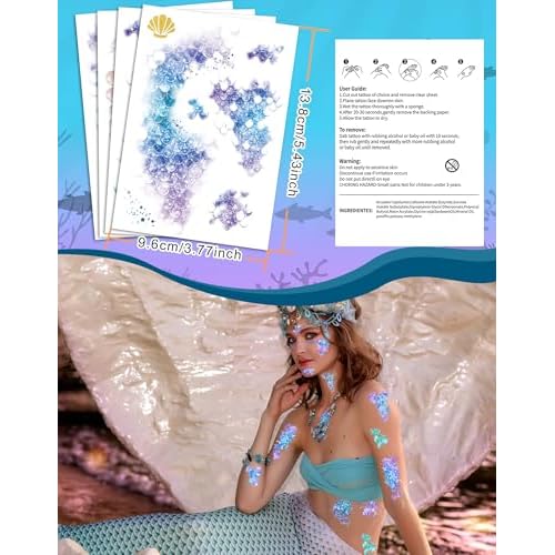 16 Sheets Halloween Mermaid Scale Temporary Tattoos,Decoracion De Sirena Para Cumplea?Os,Mermaid Temporary Tattoos for Adults Kids Costume Makeup