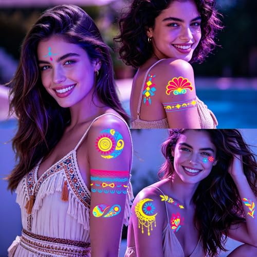 UV Glow in The Dark Temporary Tattoos, 190 PCS Neon Body Stickers