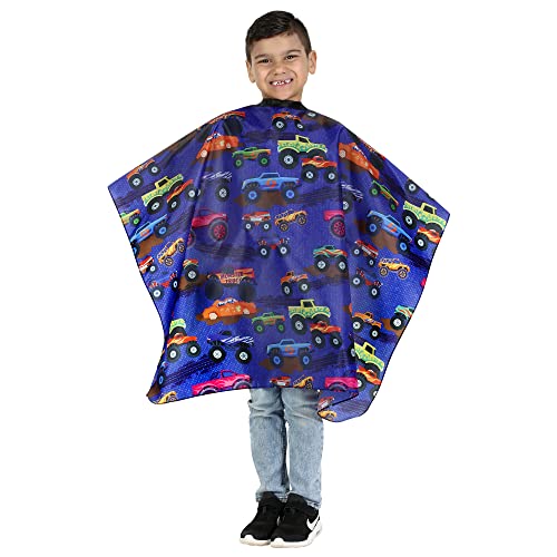 Kids Barber Cape for Haircut at Home or Salon - Adjustable Neck with Snaps, Monster Truck Design