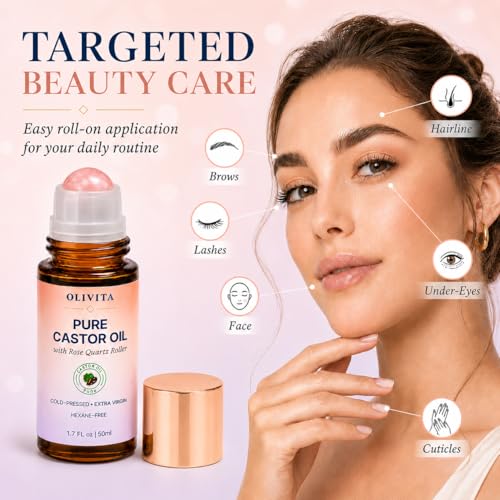 OLIVITA Organic Castor Oil with Rose Quartz Roller for Face & Brows