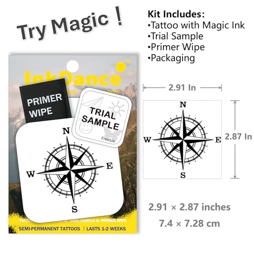 InkDance True North Compass Temporary Tattoo - Waterproof, 1-2 Weeks