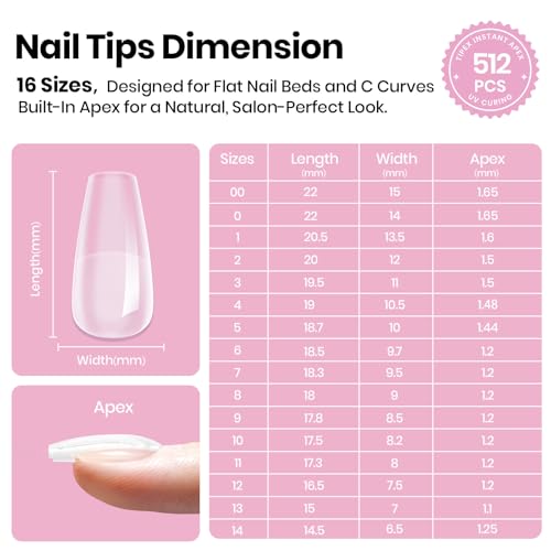 Beetles Tipex Lite Instant Apex Nail Tips, Short Coffin, 512pcs, 16 Sizes