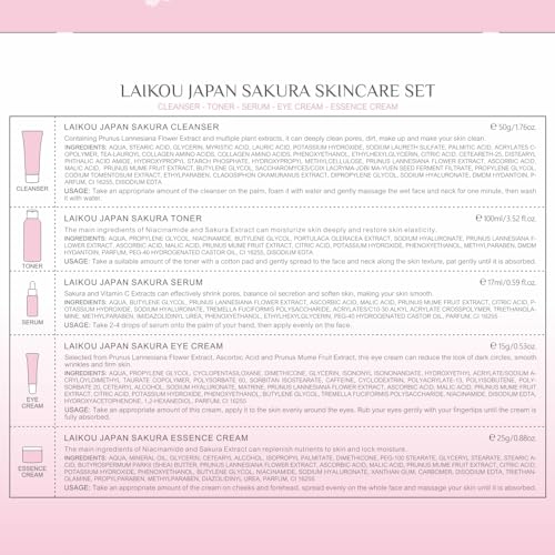 LAIKOU Skin Care Set JAPAN SAKURA Women Beauty Gift Sets Skin Care Kit with Cleanser, Toner, Serum, Eye Cream, Face Cream Travel Kit for Women Teen Girls Mom Daughter Birthday TSA-friendly Sizes 5pcs