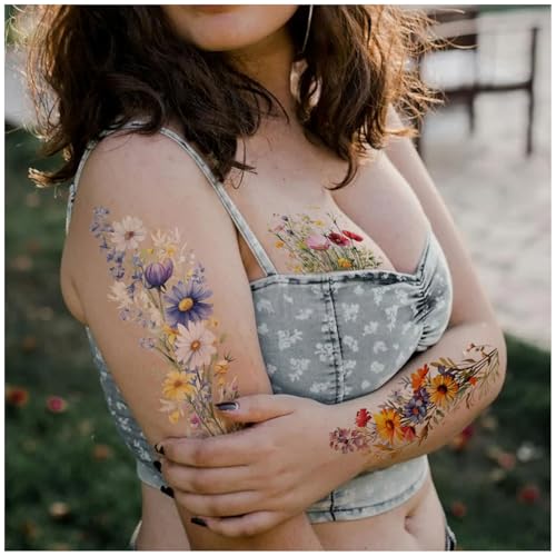 14 Piece Flower Temporary Tattoos Set - Watercolor Floral Design