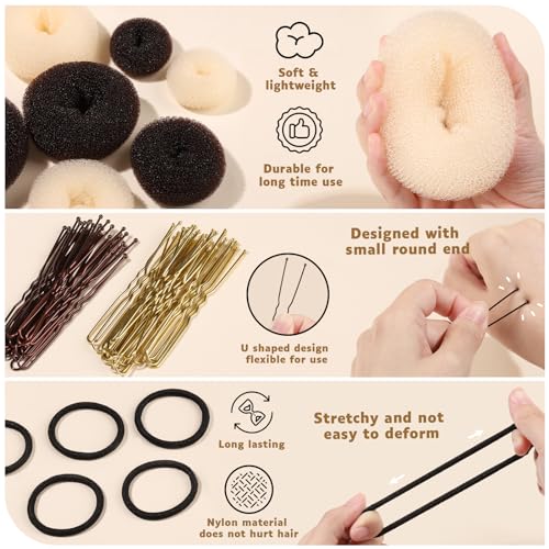Hair Bun Maker Set with 8 Donuts, 40 Bobby Pins & Elastic Bands