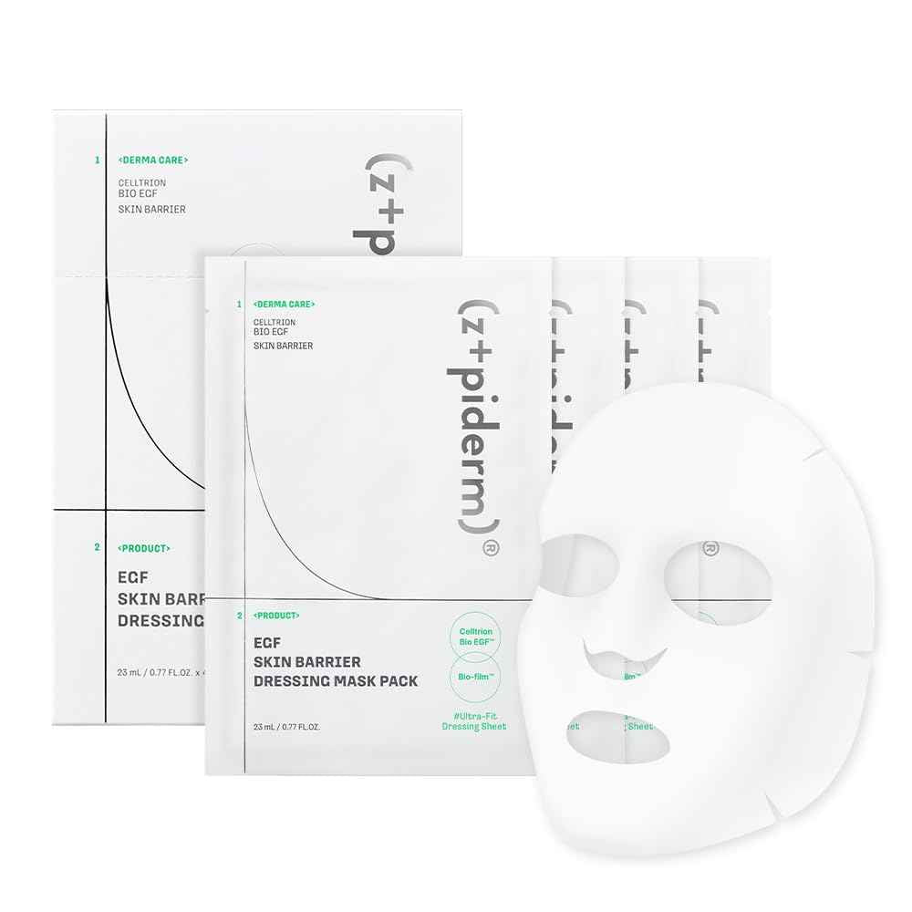 Zipiderm EGF Skin Barrier Dressing Sheet Mask – Korean Soothing & Hydrating Facial Mask with Ceramide & Panthenol for Sensitive, Dry & Acne-Prone Skin, Vegan K-Beauty Skincare Sheet, 4EA