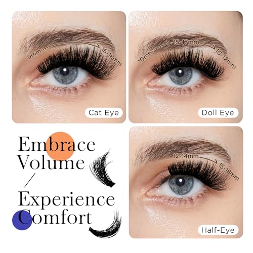 BEYELIAN Fluffy Cluster Eyelash Extensions 100D 280 Pcs Thick Dramatic Lash Clusters Wispy 3D Volume 9-18mm DIY Cluster Lashes Black Band Eyelash Extension Easy to Apply at Home