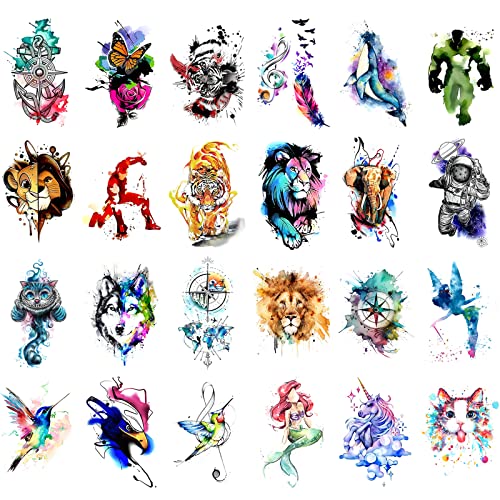 48 Watercolor Temporary Tattoos - Waterproof, Adults & Kids