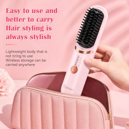 Hatteker Cordless Hair Straightener Brush – 30s Fast Heating, Ionic