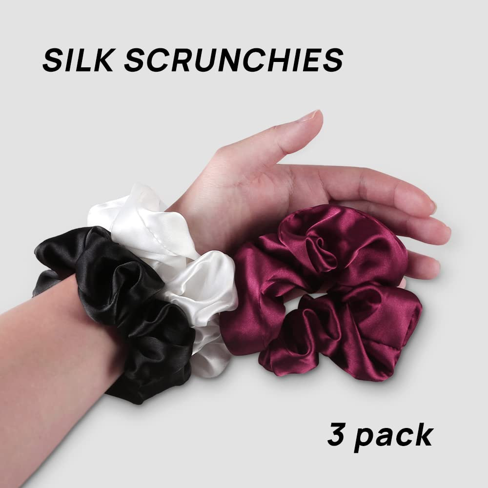 Forbidden Road 3 Pieces Large Silk Scrunchies Mulberry Silk Scrunchies for Hair Large Silk Hair Ties with Elastic Band Large Silk Hair Scrunchies for Women, and Girls (Wine & White & Black)