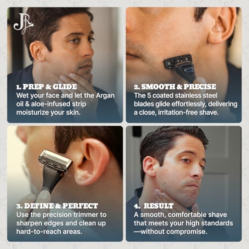 Jeremy's Razors for Men: Precision 5 Blade Razor - Stainless Blades, Lubricating Strip, Precision Trimmer - Men's Shaving Essentials Kit, Travel Shaver Face Body Head Shavers (1 Razor 1 Cartridge)