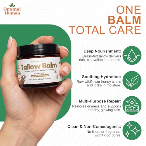 O H Optimal Human Raw Wildflower Honey Balm (2 Oz) ? 100% Grass-Fed Beef Tallow Balm - Body and Face Tallow Moisturizer - Non-Comedogenic, Ultra-Clean Formula For Moisture and Hydration