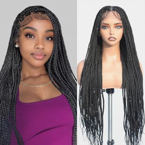 36 Inch Braided Wigs for Black Women Full Lace Box Braid Wig With Baby Hair Long Synthetic Braided Lace Wigs Natural Black
