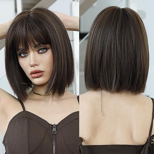 12-Inch Short Blonde Brown Bob Wig with Bangs - Heat Resistant