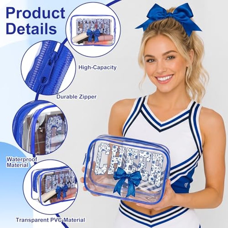 12Pcs Clear Cheer Makeup Bags with Blue Bow - Team Cosmetic Pouches