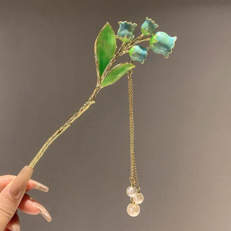 Lily of the Valley Pearl Hair Sticks for Women, Dainty Pearl Flower Metal Hair Slide Hairpin Clips Hair Pin Hair Jewelry Accessories for Her (Blue)