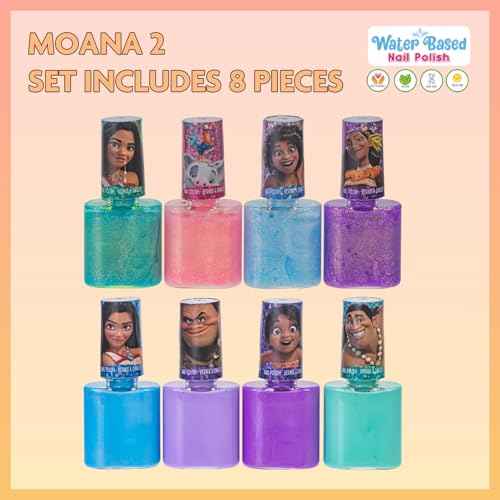 Townley Girl Moana 2 Non-Toxic Water-Based Peel Off Nail Polish Set with Glittery Shimmery and Opaque Colors for Girls Kids Ages 3+ Perfect for Parties Sleepovers and Makeovers 8 Pcs
