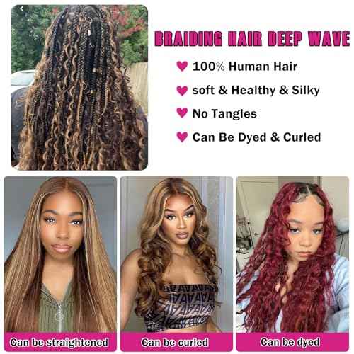 Highlight Human Braiding Hair for Boho Braids 110g Deep Water Wave Bulk Human Hair for Braiding Knotless 12A Curly Bulk Bohemian 3 Bundles P/430 Unprocessed Brazilian Ombre Extensions 20 Inch