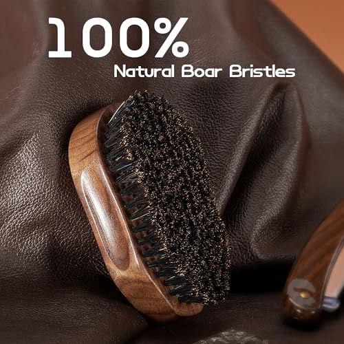 Boar Bristle Beard Brush for Men, 4.2-Inch Black Walnut Wood Handle Military Style, Men's Natural Wooden Boar Bristles Mustache Brush - Medium Hardness