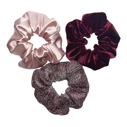 Scrunchies for Women's Hair Hair Ties Bands Silk Satin & Velvet Hair Scrunchies for Girls Thick Curly Hair Elastic Ponytail Holder Large Size 3pc (Black & Peach)