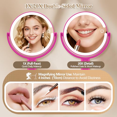 Makeup Mirror with Lights, Double Sided 1x/20x Magnifying Mirror with Light, Rechargeable 3 Color Lights and Adjustable Brightness, 360¡Æ Rotation Detachable Comes with Tweezer(Hotpink)