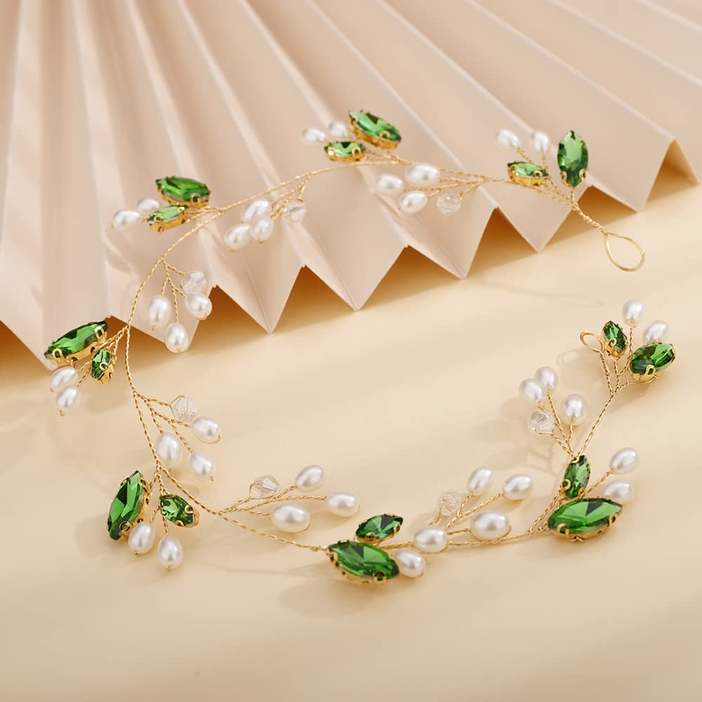 Teyglen Dainty Wedding Bride Rhinestones Pearls Headband Hair Vine Simple Handmade Bridal Green Crystal Headband Wedding Headpieces Hair Accessories for Women Girl (Green)