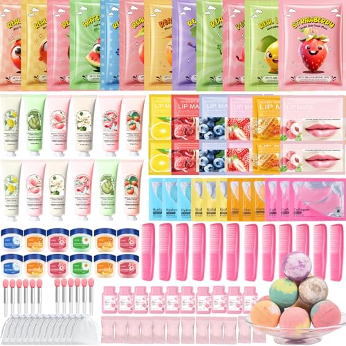 144 PCS Spa Party Supplies for Women, Spa Party Favors Include Face Masks Skincare,Hand Cream,Lip Mask,Comb and Foot Bath Bombs,Spa Birthday Sleepover Party Supplies for Women
