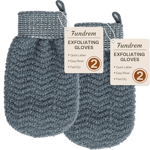 Fundrem 2-Pack Gray Wave Textured Exfoliating Gloves for Body, Dead Skin Remover